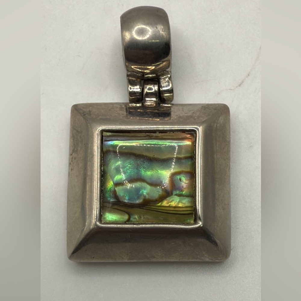 Vintage Elegant Silver Tone Pendant Abalone Shell Inlay Jewelry Accessory Square